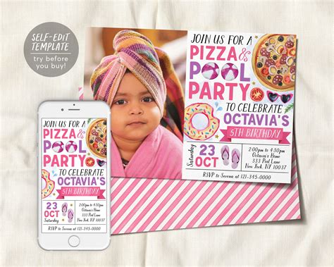 Pizza Pool Party Birthday Invitation With Photo Editable Template Sum