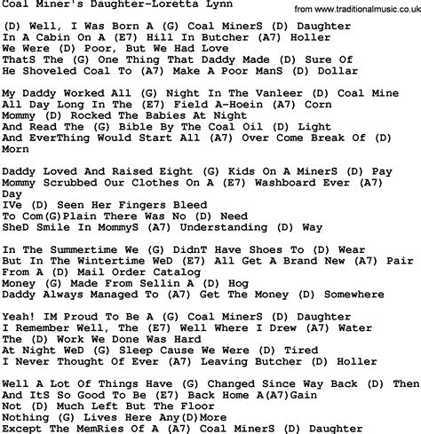 Country Music Coal Miners Daughter Loretta Lynn Lyrics And Chords