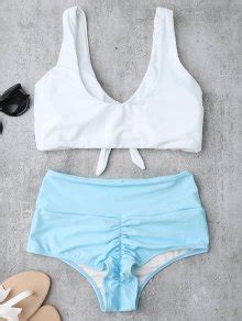 Knotted High Waisted Ruched Bikini Set AZURE Bikinis ZAFUL