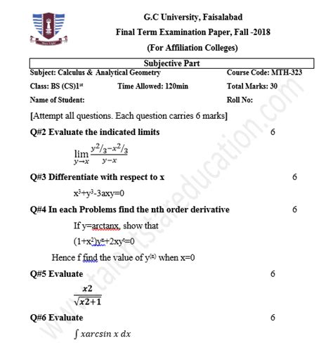 Bscs Computer Science Gcuf Past Papers For Affiliated Colleges