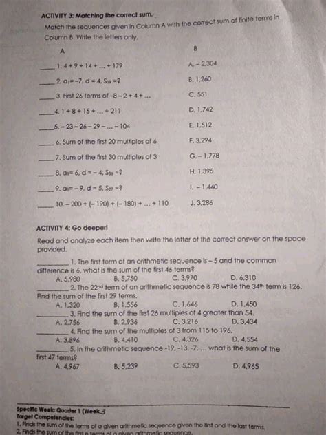 Solved Activity 3 Matching The Correct Sum Match The