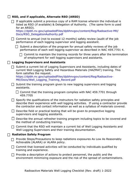 Nevada Radioactive Materials Ram Well Logging Licensing Checklist