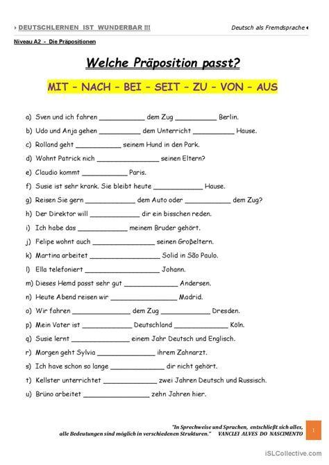 A2 Welche Präposition passt Deutsch DAF Arbeitsblätter pdf doc