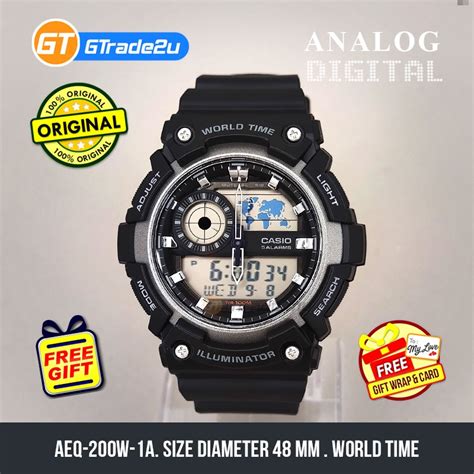 Original Standard Men Aeq 200w 1a Aeq200w 1a Analog Digital World Map Watch Black Resin Band