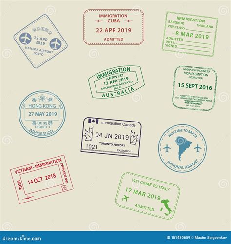 Set Of Visa Passport Stamps To Different Countries Stock Illustration