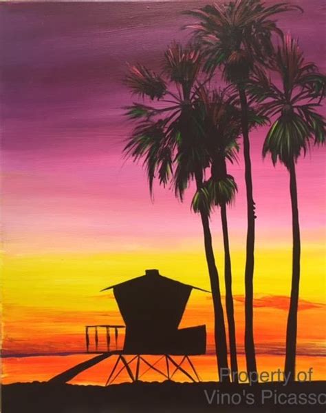 A Painting Of Palm Trees And A Lifeguard Tower In Front Of A Colorful