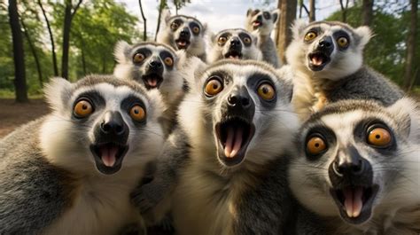 Premium Photo A Group Of Funny And Cheerful Lemurs Taking A Selfie Standing And Looking