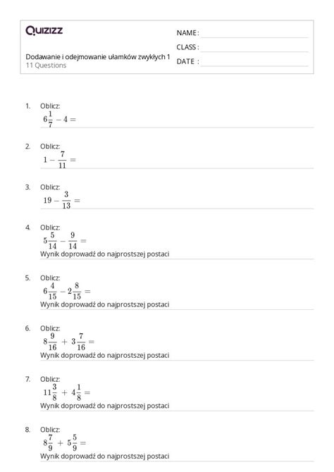 Ponad 50 Dodawanie I Odejmowanie Ułamków Zwykłych Arkuszy Roboczych Dla