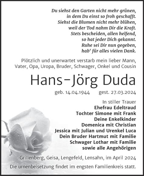 Traueranzeigen von Hans Jörg Duda abschied nehmen de