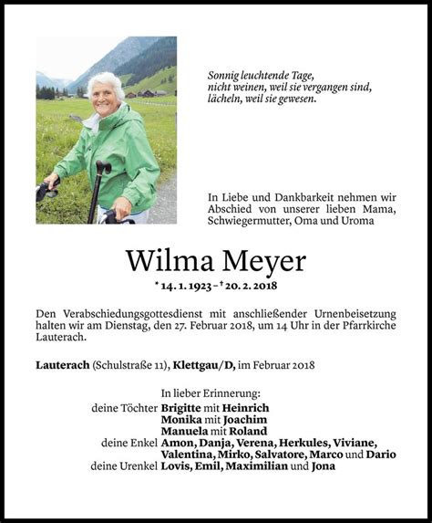 Todesanzeigen Von Wilma Meyer Todesanzeigen Vorarlberger Nachrichten