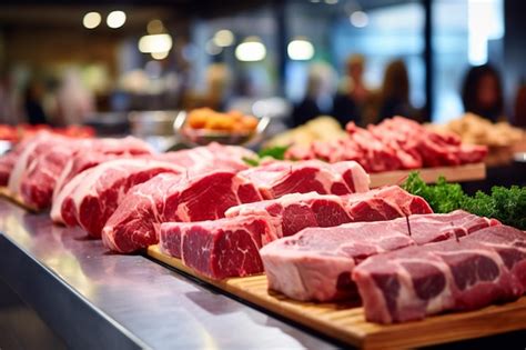 Carne fresca en una sección de carne en un restaurante Foto Premium