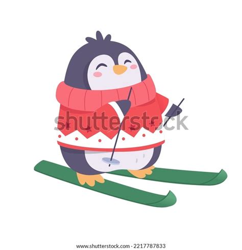 Cute Penguin Skiing Winter Vector Illustration Stock Vector Royalty