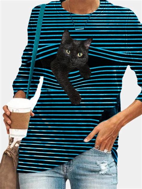 Stripe Cat Print Round Neck Long Sleeve T Shirt Azzlee