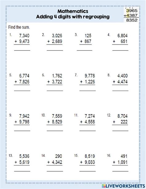 Add 4 Digits With Regrouping Worksheet Live Worksheets Worksheets