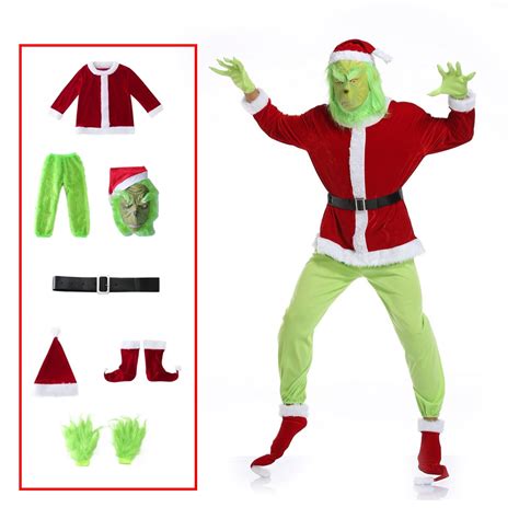 Christmas Halloween Green Grinch Costumes Suit Full Set Party Funny Costume Cute For Adults