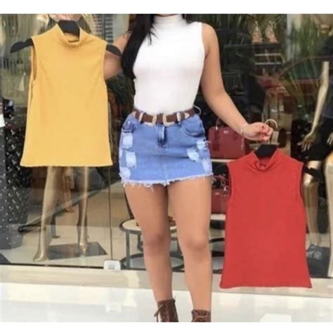 Blusa Feminina Malha Canelada Gola Alta Manga Cavada Blogueira Shopee