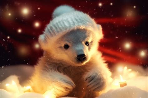 Premium Ai Image Cute Polar Bear Cub With Christmas Lights Background