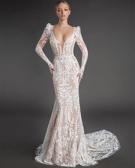 All Over Lace Long Puff Sleeve Sheath Wedding Dress With Plunging V