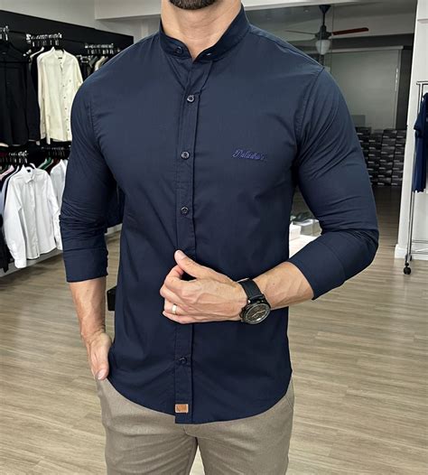 Camisa Gola Padre Slim Fit Elegant Marinho Moda Masculina