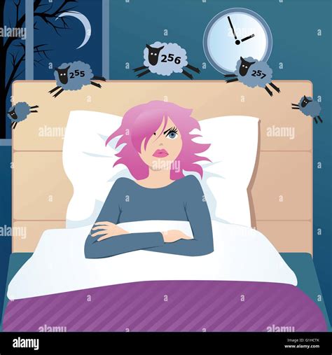 Cute Funny Cartoon Girl With Insomnia Lying In A Bed Late At Night