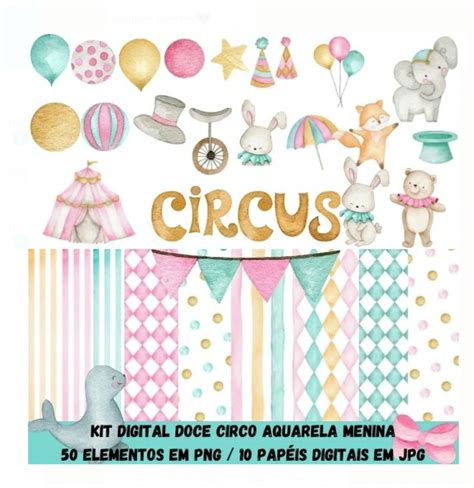 Kit Digital Circo Rosa Menina Aquarela Elo Produtos Especiais