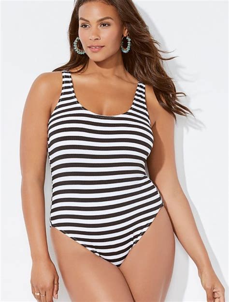 Plus Size Ashley Graham X Swimsuits For All Hotshot Striped Ribbed One Piece Swimsuit