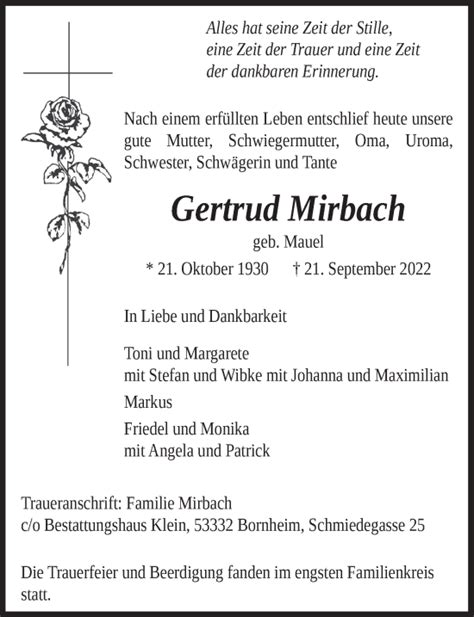 Traueranzeigen Von Gertrud Mirbach Wirtrauern