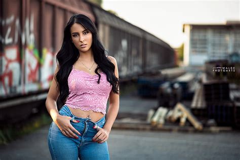 Hd Wallpaper Women Jeans Long Hair Red Nails Train Pierced Navel Portrait Wallpaper Flare