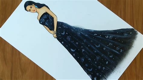 How to draw a girl with beautiful black dress | Dress design drawing ...