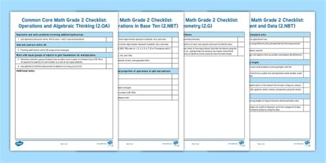 Common Core Math Second Grade Standards Checklist Twinkl