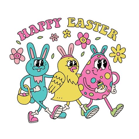 Premium Vector Retro Poster In Groovy Style Happy Easter Greeting Card Vintage Cartoon Funny