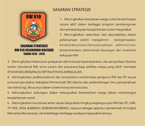 RUKUN WARGA 010 KELURAHAN KALISARI SASARAN STRATEGIS