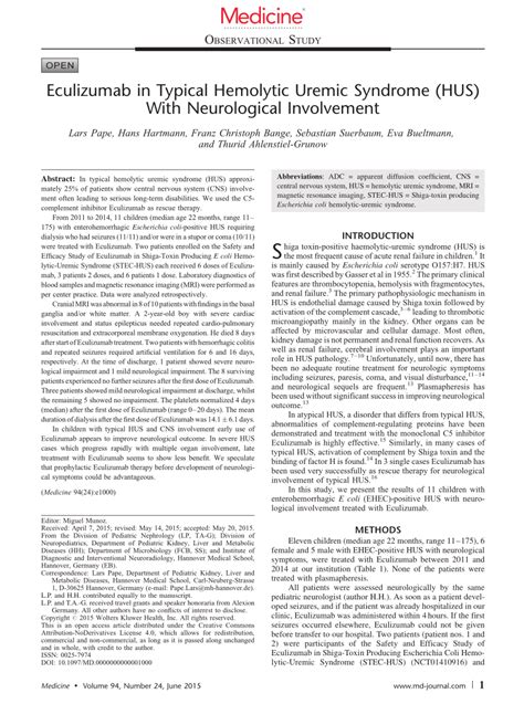 PDF Eculizumab In Typical Hemolytic Uremic Syndrome HUS With