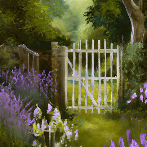 Old English Cottage Garden Painting With Ancient Wooden Gate · Creative