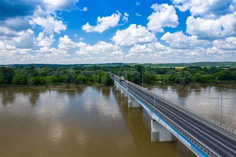 Bridge over Vistula river in Annopol, Poland. Aerial view of Vistula ...