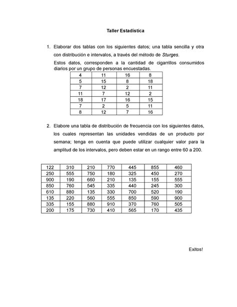 Taller Estad Ã stica I Taller Estadística Elaborar dos tablas con los