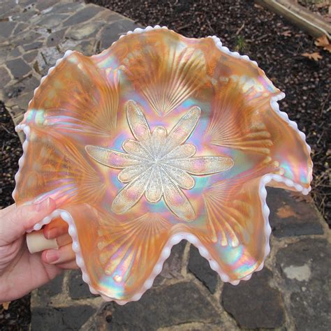 Antique Dugan Peach Opal Raindrops Carnival Glass Crimped Bowl Very Rare