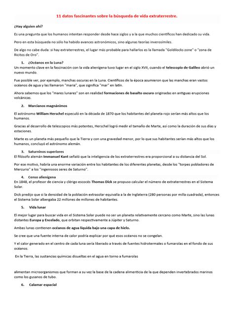 11 Datos Fascinantes Sobre La Búsqueda De Vida Extraterrestre Pdf