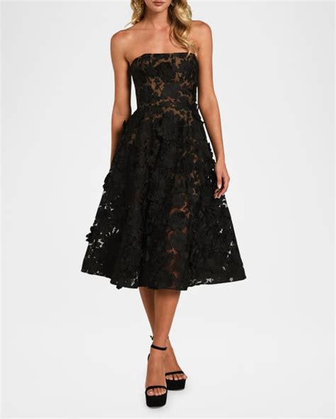 Marchesa Notte Strapless Floral Embroidered Tulle Midi Dress Neiman