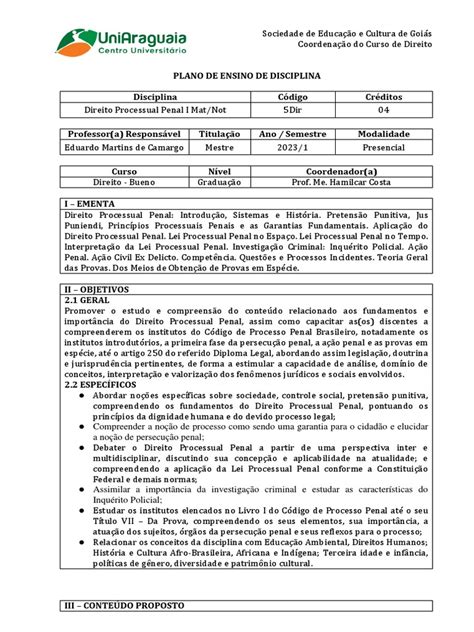 Plano De Ensino Direito Processual Penal I 2023 1 Pdf Direito Penal