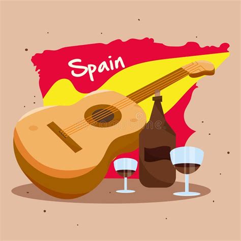 Map of Spain with Wine Drink and a Wooden Guitar Spain Culture Template ...