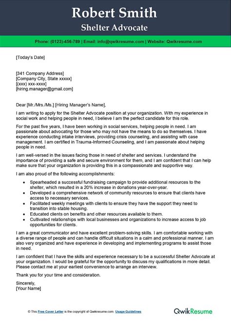 Shelter Advocate Cover Letter Examples Qwikresume