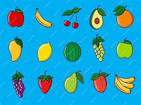 Premium Vector Vector Fruit Set Minimal Icon Cartoonist Style Fruits On Blue Background Vector