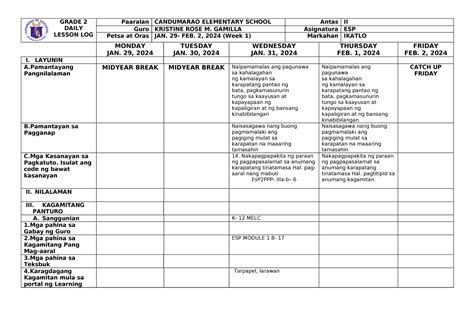 Dll In Esp 2 Quarter 3 Week 1 Grade 2 Daily Lesson Log Paaralan Candumarao Elementary School