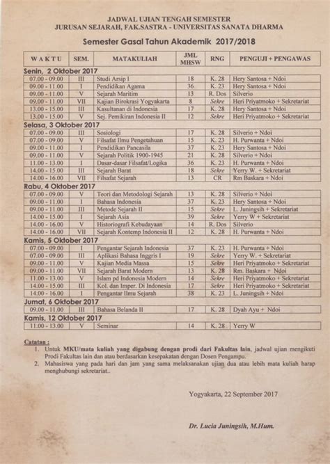 Jadwal UTS Semester Gasal 2017 2018 Program Studi Sejarah USD