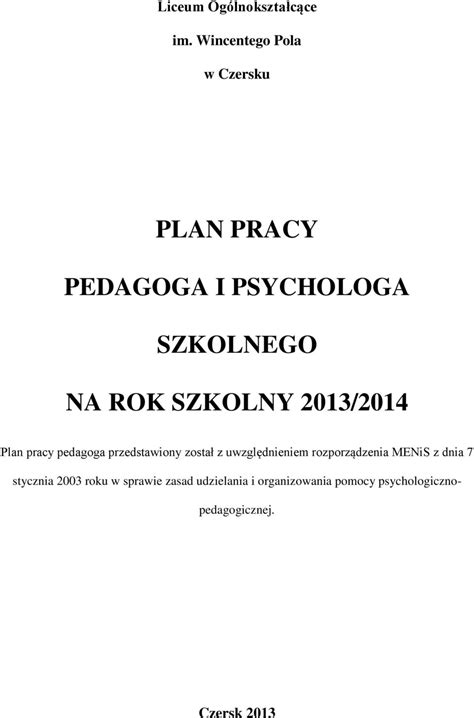 Plan Pracy Pedagoga I Psychologa Szkolnego Na Rok Szkolny Pdf