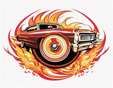 A Classic Car With Flames Coming Out Of It Hd Illustration Retro