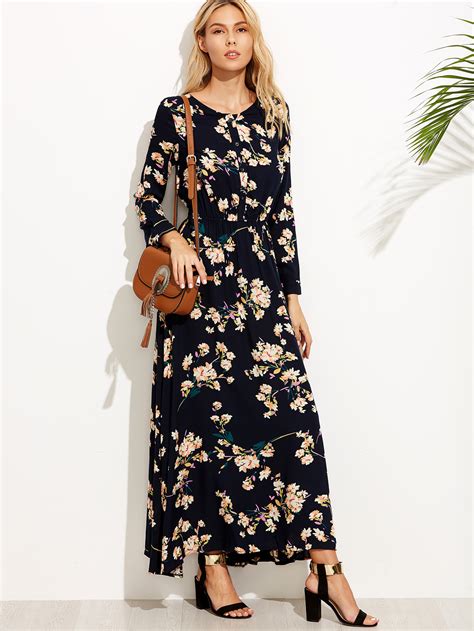 Calico Print Button Front Maxi Dress Shein Sheinside