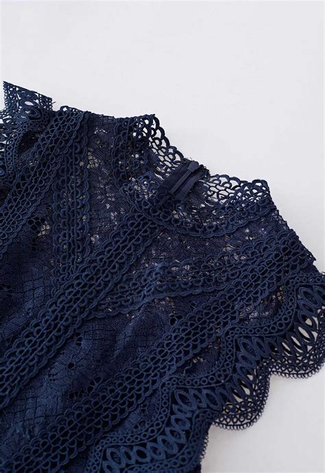 Crochet Lace Spliced Sleeveless Mermaid Dress In Navy Retro Indie