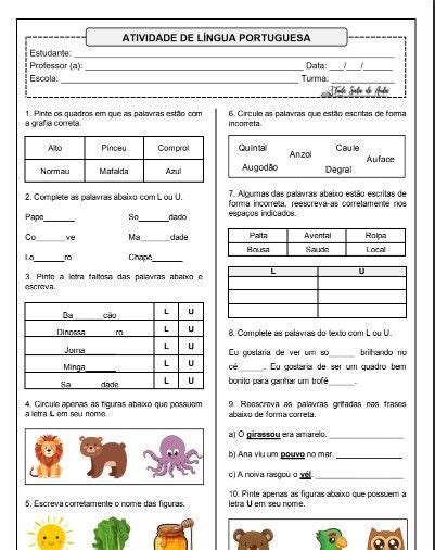Atividades Com A Letra L E U - Atividade sobre a Letra L e U para imprimir | Palavras com l ou u ...